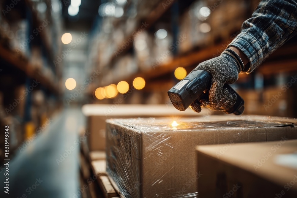 Poster worker scanning a package in a large, modern warehouse for efficient inventory management.