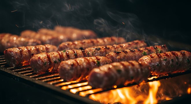 Sizzling Cevapi Sausages Grilling Over Fiery Coals with Rising Smoke and Sparks