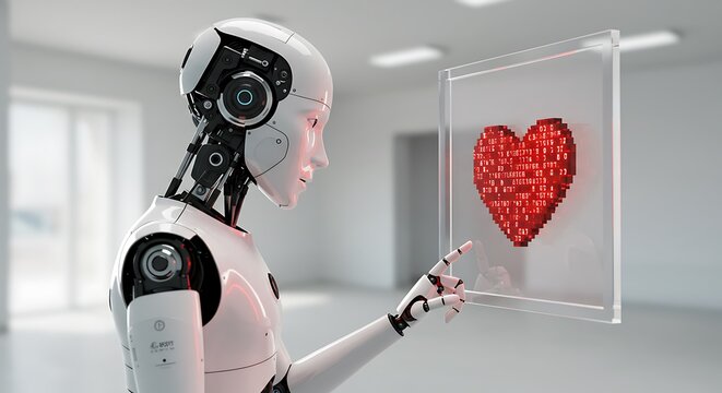 An Android's Awakening: Gynoid Robot Touches a Glowing Pixelated Heart