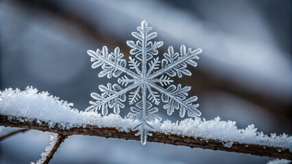 Obraz premium Intricate Snowflake Design on a Snow-Covered Branch in Winter Wonderland Scene