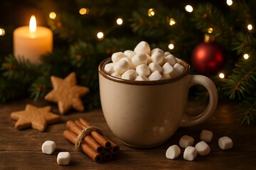 Cozy Winter Holiday Scene with Marshmallows and Cinnamon Sticks in Rustic Setting