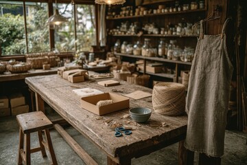 Rustic home workshop with natural materials for packaging and crafts.