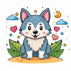 Adorable Cartoon Wolf Character Illustration with Playful Elements and Vibrant Colors