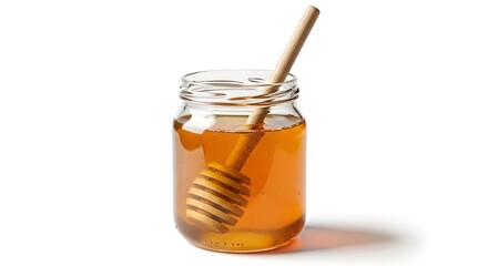 honey in a glass jar and wooden spoon &ndash; Isolated on White, Studio Lighting