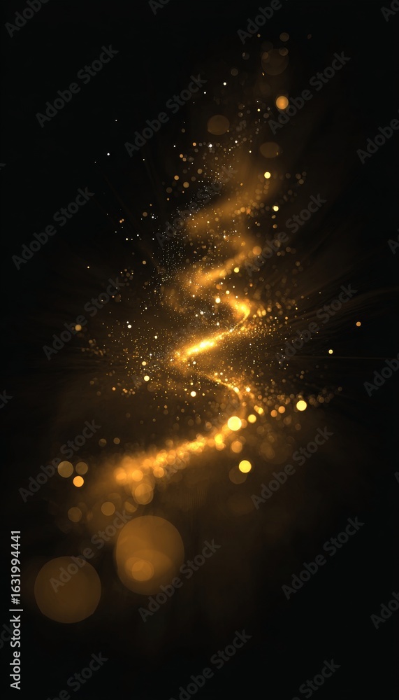 Poster abstract golden light effect on black background with glares and bokeh for enchanting design