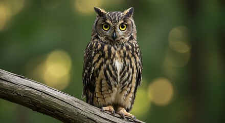 Majestic Owl Perched on Branch, Intense Yellow Eyes, Striking Plumage, Forest Backdrop