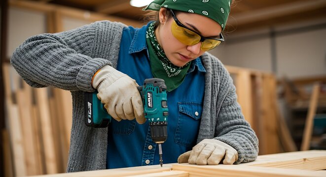 Focused Craftswoman Using Cordless Drill in Woodworking Workshop
