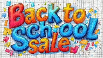 Back to School Sale Online Store Landing Page, Flat Vector Grid Background, Colorful Text White Border
