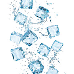 Dynamic shot of cascading ice cubes with water splashes against a contrasting black backdrop, ideal for refreshment-themed visuals.