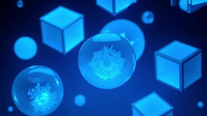 Mesmerizing abstract motion of glowing blue cubes and spheres with delicate snowflakes inside - Powered by Adobe