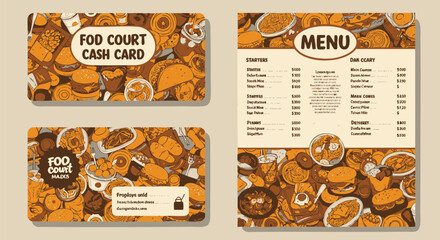 Food court branding identity set with menu template and cash card design. Vector illustration with hand-drawn fast food pattern.