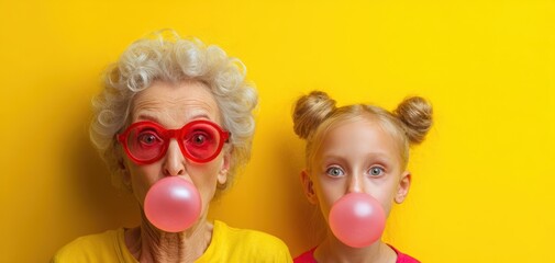 The playful moment between a grandmother and granddaughter joyfully blowing bubbles.