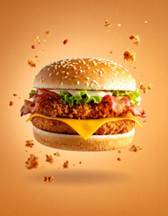 A crispy chicken burger with bacon and cheddar cheese floating on a gradient orange background.