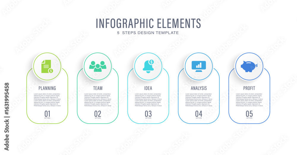 Poster clean infographic template. five steps, process options infographic layout with business icons and s