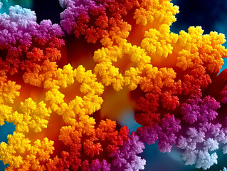 Colorful fractal structure resembling coral or abstract foliage in vibrant red, orange, yellow, purple, and blue tones with intricate repeating patterns