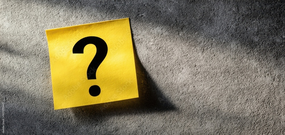 Poster the yellow sticky note with a question mark on a textured background.