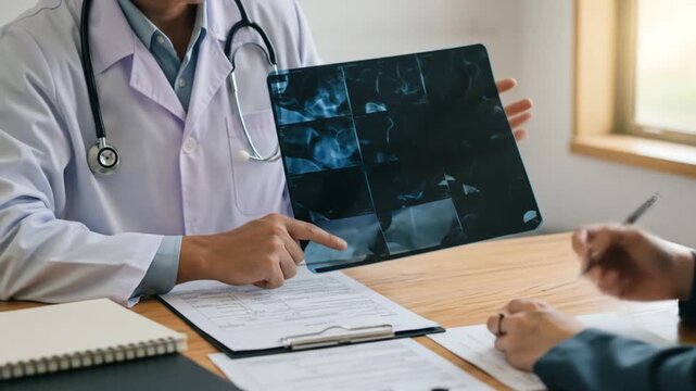 A doctor discussing x-ray results with a patient at a consultation.