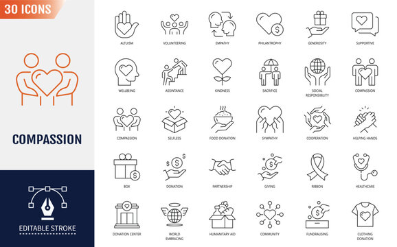 Compassion Line Editable Icons set. Containing party, concert, outdoor recreation, and more. Vector illustration