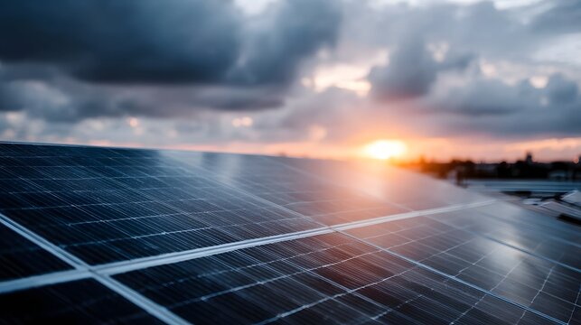 Solar panels generating renewable electricity at sunset