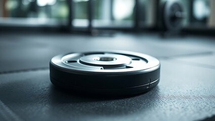 A single weight plate resting on a gym floor, showcasing metallic reflections and minimalistic design.