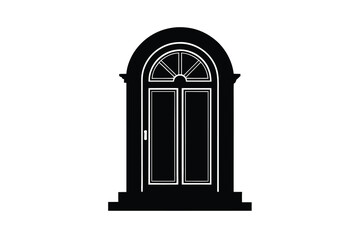 Fototapeta premium Vector art of black silhouette of an arched doorway with glass panes, isolated on white background