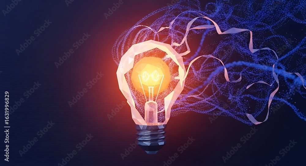 Poster abstract polygonal light bulb with a glowing orange filament, surrounded by dynamic swirling pink an