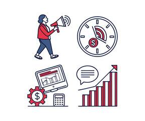 Cartoon vector icons set of business people, a businessman, and a business graph symbolizing success