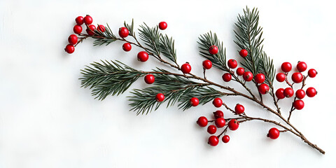 A festive evergreen branch adorned with bright red berries, isolated on a clean white background, creating a minimalist holiday composition.