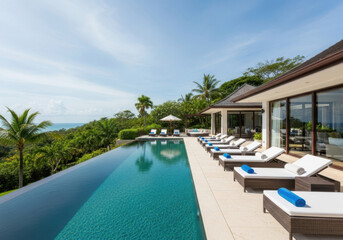 Fototapeta premium Luxury villa with infinity pool overlooking tropical landscape