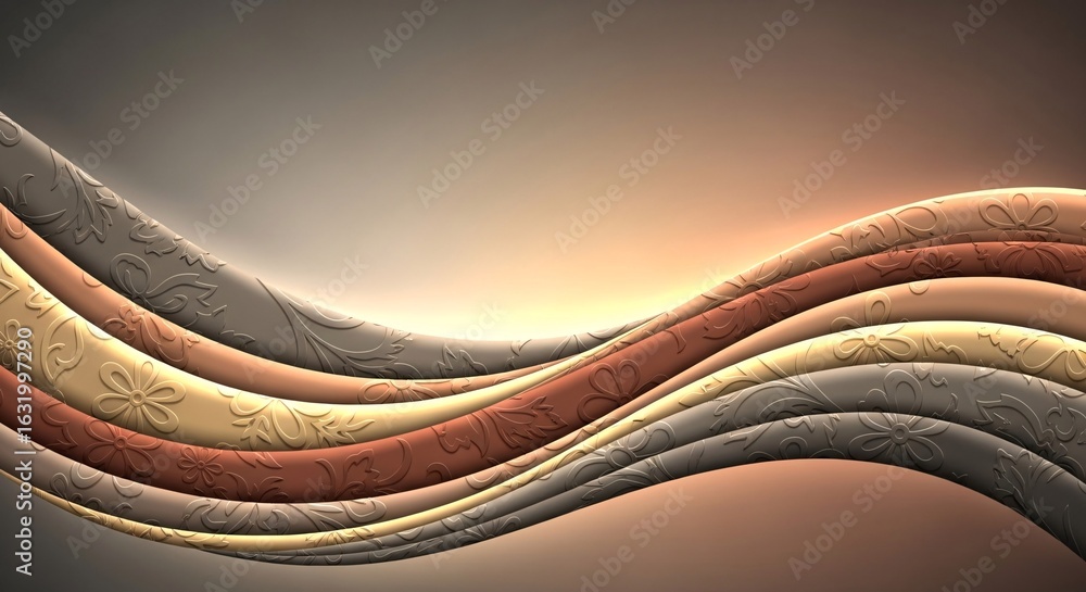 Poster abstract flowing waves with embossed floral patterns and warm gradient background