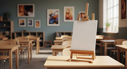 Sunlit art classroom with a blank canvas easel ready for creative expression and artistic