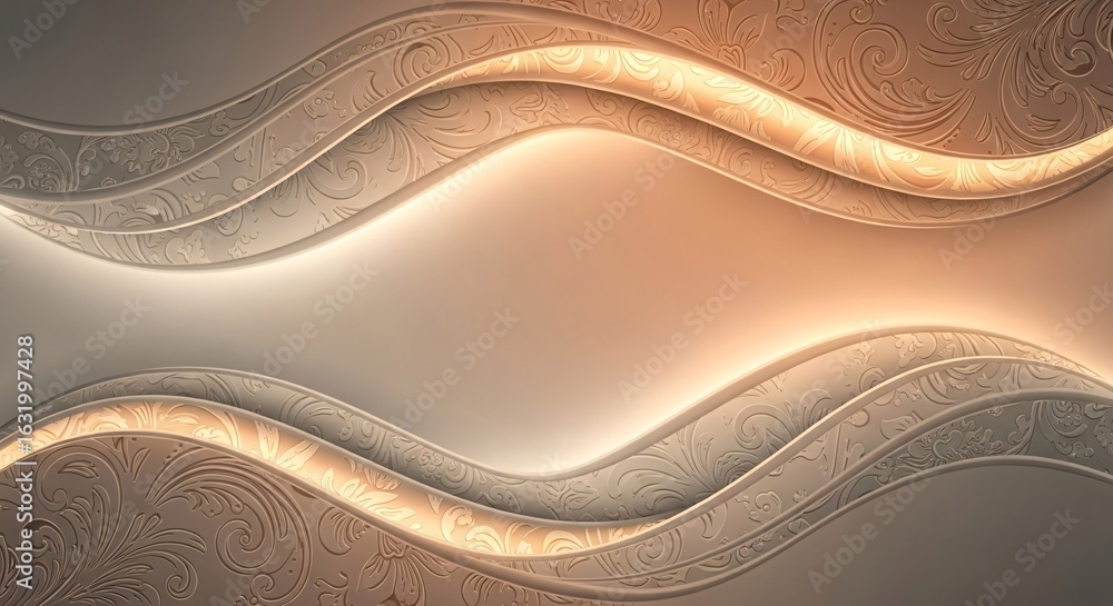 Poster abstract elegant background with floral scrollwork patterns and glowing wavy lines.