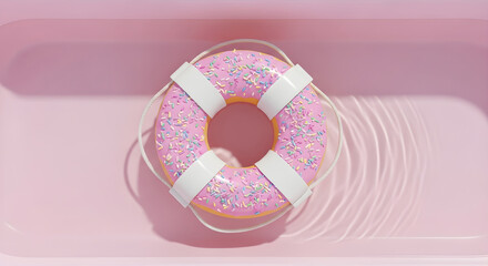 Pink donut lifebuoy in pink water with soft light