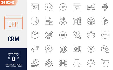 Customer Relationship Management Line Editable Icons set.  Containing data analysis, marketing, and more. Vector illustration