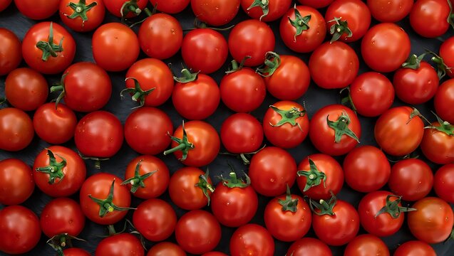 Fresh Cherry Tomatoes with Green Stems on Dark Slate Background 