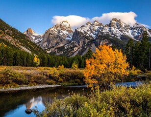 Autumn mountain valley reflecting in a calm river