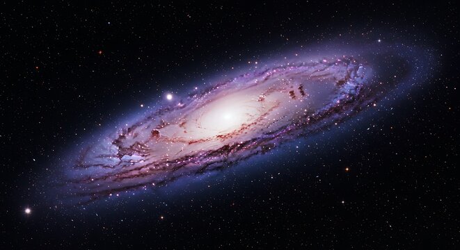 Majestic Andromeda Galaxy with Luminous Core and Swirling Purple Dust Lanes