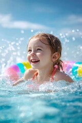 Young girl with blonde hair joyfully splashing in a swimming pool, wearing a colorful swimsuit, surrounded by water droplets and a vibrant inflatable ring, capturing a moment of summer fun