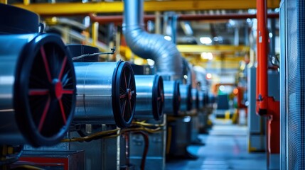 Fototapeta premium A row of industrial fans in a factory setting.