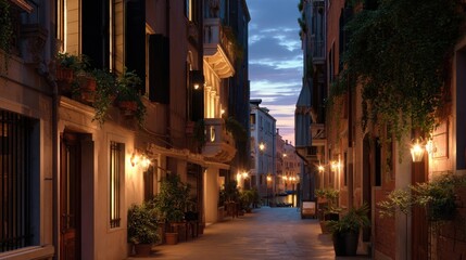 Fototapeta premium Evening view down a lit Venetian alley, soft shadows and warm light