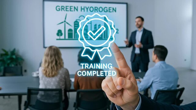 Green hydrogen industrial training completed with business meeting modern office using advanced technology for sustainable energy solutions