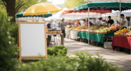 Fototapeta premium Charming market ambience with inviting blank sign waiting for personalized messages or promotions