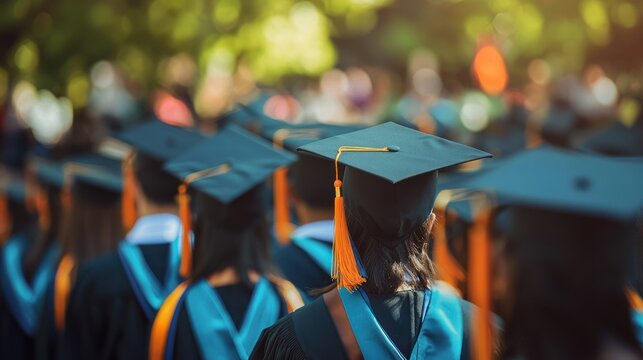 A group of graduates in caps and gowns at a graduation ceremony.