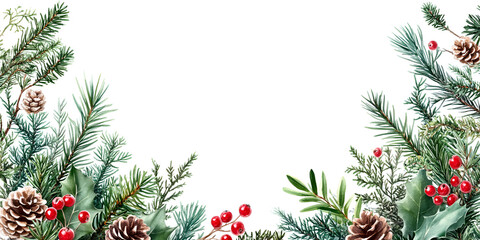 A beautiful watercolor Christmas border with pine branches, fir, red holly berries, and pinecones creating a festive corner frame on a white background.