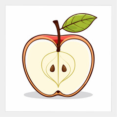 Illustration of Half an Apple with Seeds and a Leaf on a White Background