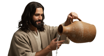Jesus christ pouring water from a clay jug for a religious concept on transparent background.