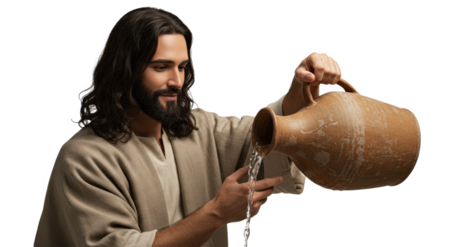 Jesus christ pouring water from a clay jug for a religious concept on transparent background.