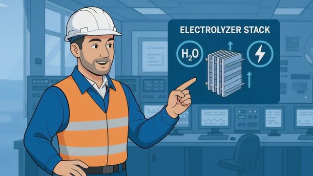 Green hydrogen production industrial technology with electrolyzer stack control room safety engineer explaining sustainable clean energy solutions