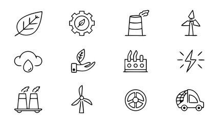 Obraz premium Eco-Friendly Minimalist Icon Set for Clean Technology, Climate Change Transition: Green Future, Toolkit, Essential