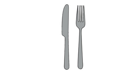 Simple grayscale illustration of a knife and fork, side-by-side, representing dining or mealtime.